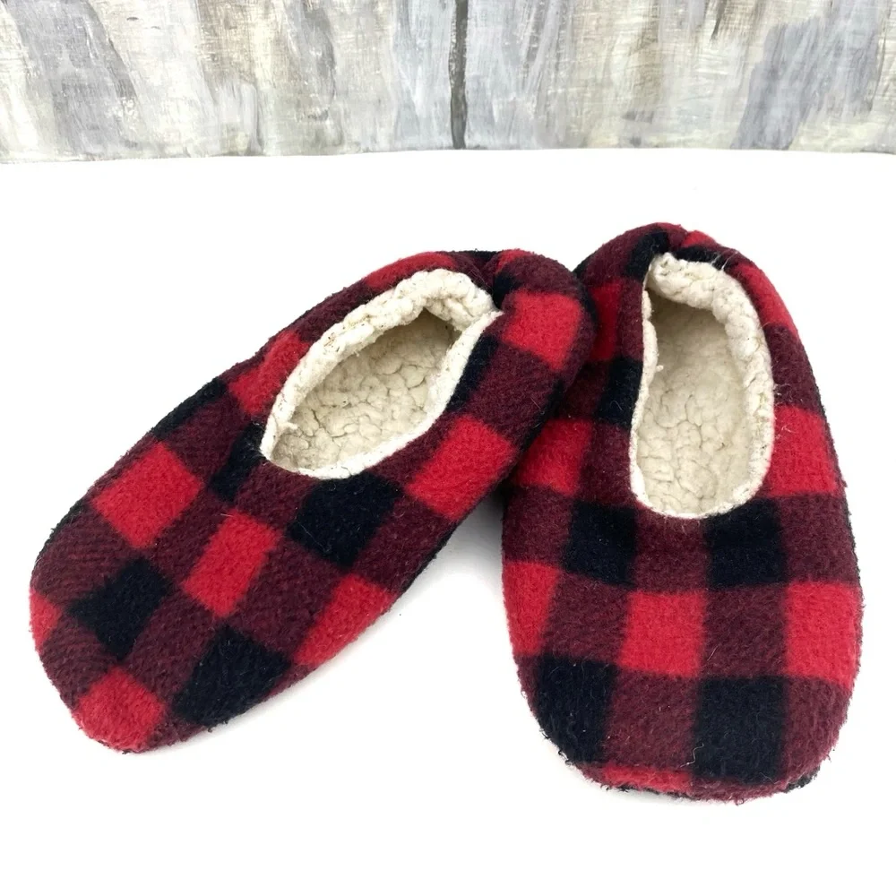 Buffalo Check Plaid Flannel Slippers Sherpa-Lined Rubber Grip Bottom House Shoe